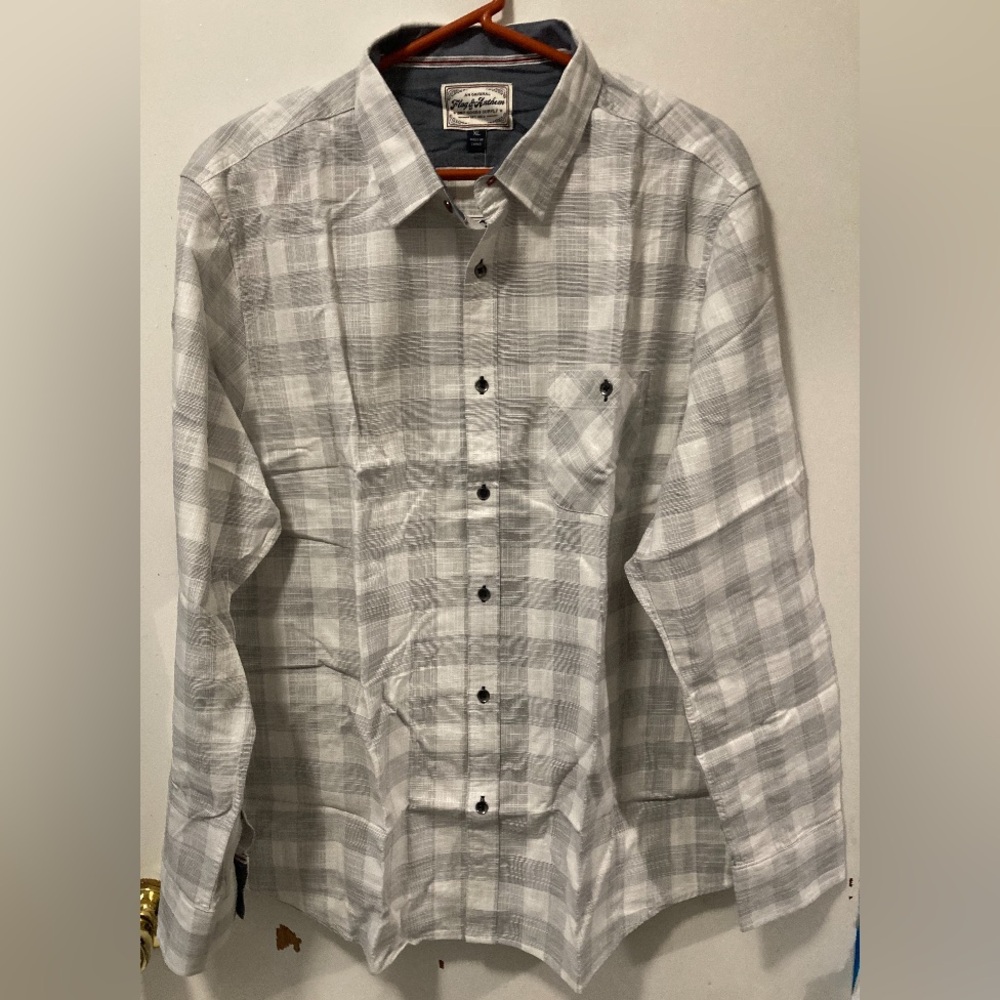 Flag & Anthem Men’s Plaid Button Up Long Sleeve Shirt Cotton Grey White Size XL